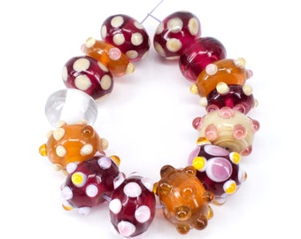 Lampwork Beads, 1 Strang, 14 St. Handarbeit, Halskette, Armband, Schmuck basteln, rote Glasperlen, große Glas Perlen, Anhänger, Bumpy Beads