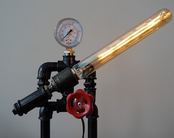 Edison Steampunk Lamp, PipeMan Industrial Desk Accesories, Robot Night Lamp, Vintage Lamp, Office Decor, Adjustable Lamp, Tumbled Lamp