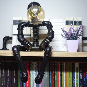 Edison Steampunk Lamp, Sitting Man Lamp, PipeMan Industrial Desk Accesories, Robot Night Lamp, Vintage Lamp, Office Decor For Man