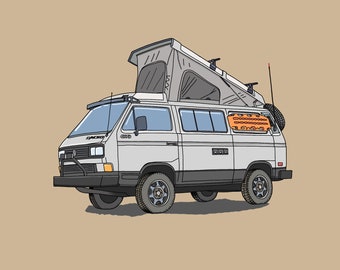 May include: A white Volkswagen van with a pop-up roof tent, a black bumper, and a black side mirror. The van has a black roof rack with a ladder and a spare tire on the back.