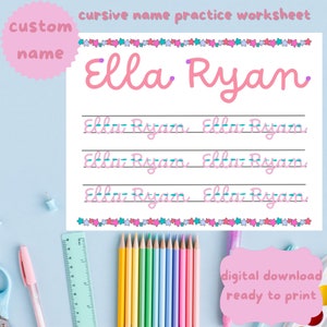 May include: Printable cursive name practice worksheet featuring the name "Ella Ryan" written in pink cursive. The worksheet has four lines for practicing writing the name. The worksheet is decorated with a border of colorful stars.