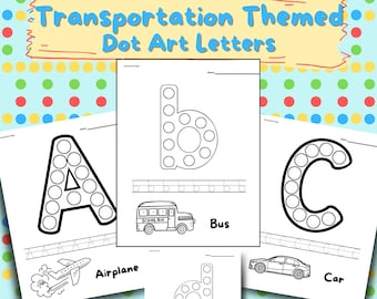 Transport Dot Art Alfabet, hoofdlettervorming, kleine letters traceren, handschriftoefening, voertuig kleurplaten, PreK