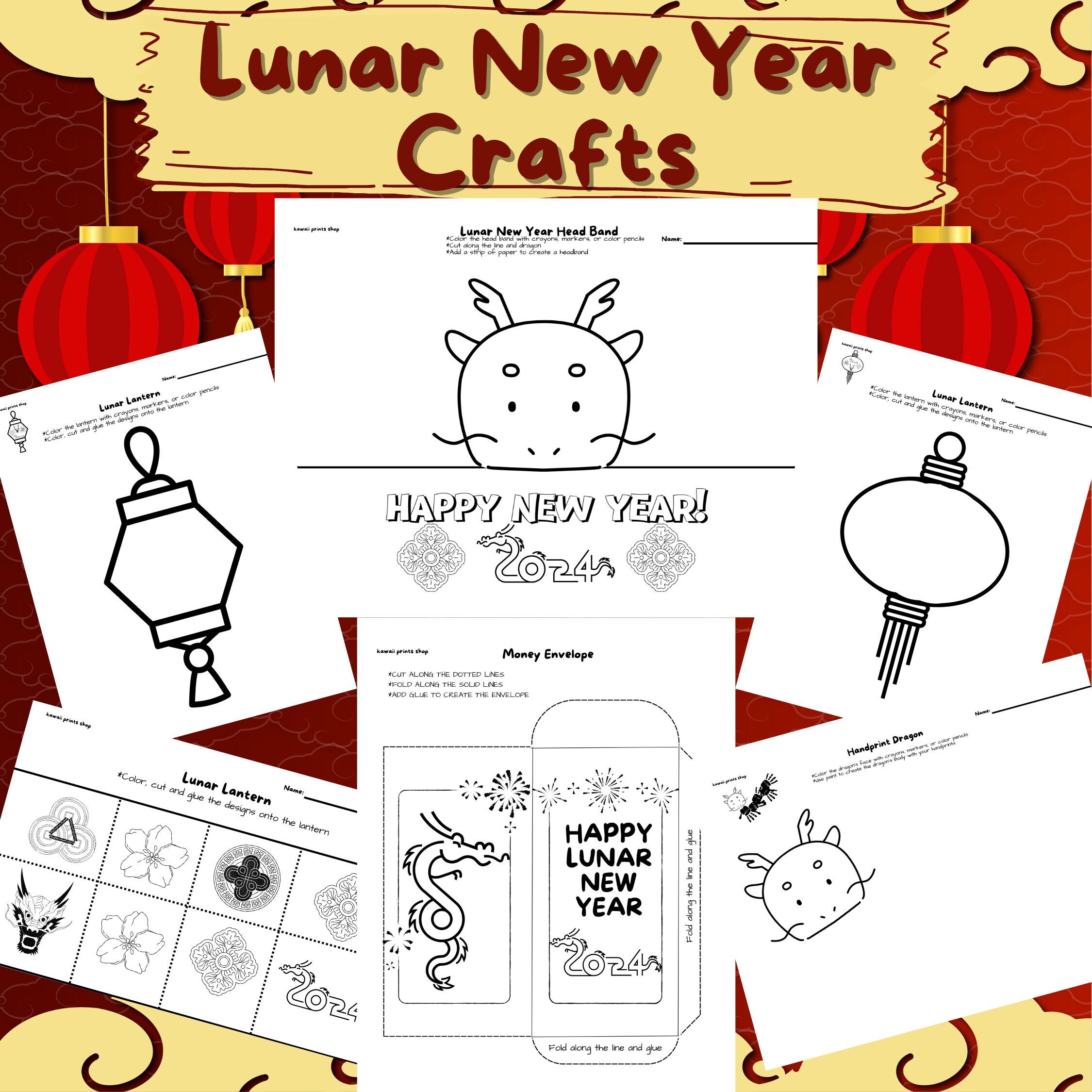 Lunar New Year Crafts, Chinese New Year, 2024 Year of the Dragon, Chinese Lantern Coloring Pages, Preschool Activity, Home School Worksheet