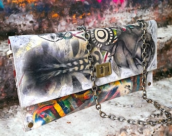 Black and Beige Painted Flowers Bag, Colorful Leather Clutch, Artsy Abstract Painting, Art to Wear Bag, Painted on leather, Art inspired bag