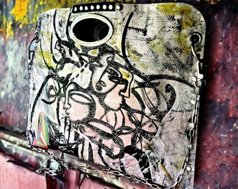 Colorful Abstract Pattern, Leather Large Handle Bag, Artistic Design, Boho Black and White Handbag, Hand Painted unique Art
