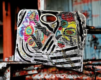 Colorful Abstract Pattern, Leather Large Handle Bag, Artistic Design, Boho Black and White Handbag, Hand Painted unique Art