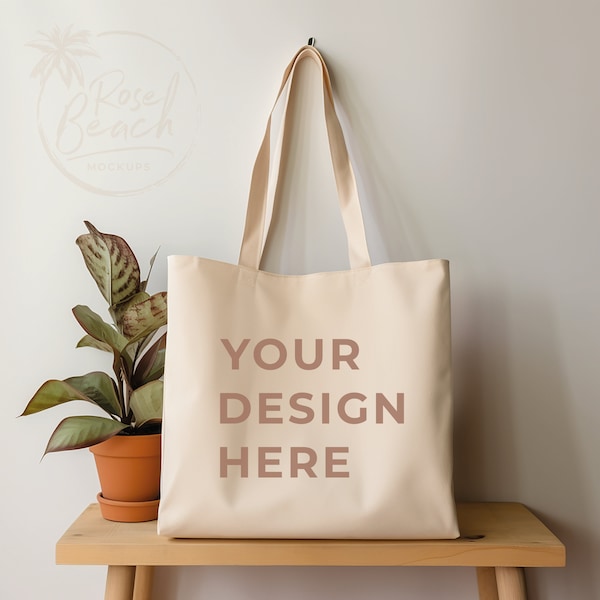 Natural Cream Canvas Tote Bag Mockup, Tote Bag on Hook Mockup,  Modern Shopping Bag Mockup, Boho Beach Mockup with Plant, Organic Bag Mockup