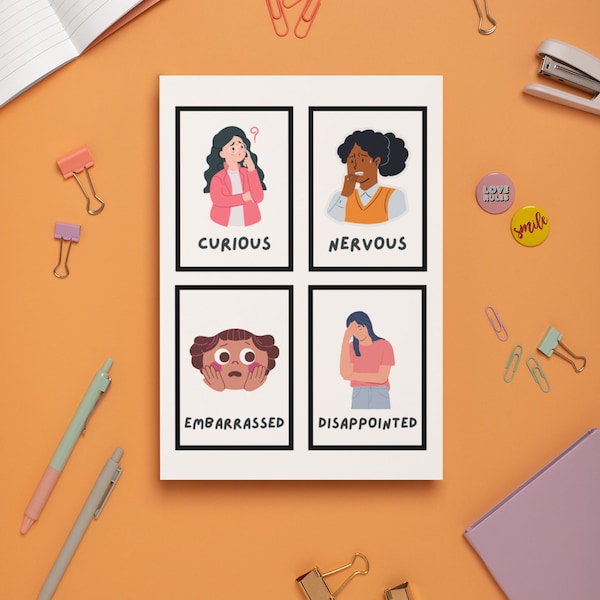 Printable 16 Emotions Flashcards for Kids Children Learning Flash Cards School Charts Montessori Toy Feelings Digital Educational Teacher