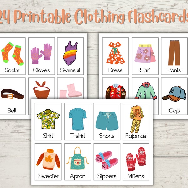 24 Clothes Flashcards Printable for Kids Montessori Clothing Set Flash Card Toddler Vocabulary Education Preschool Digital Download PDF PNG