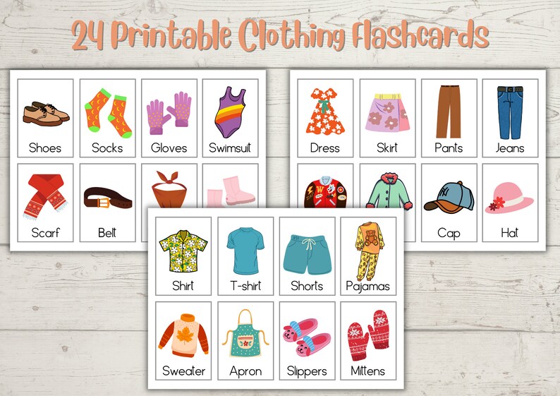 24 Clothes Flashcards Printable for Kids Montessori Clothing Etsy