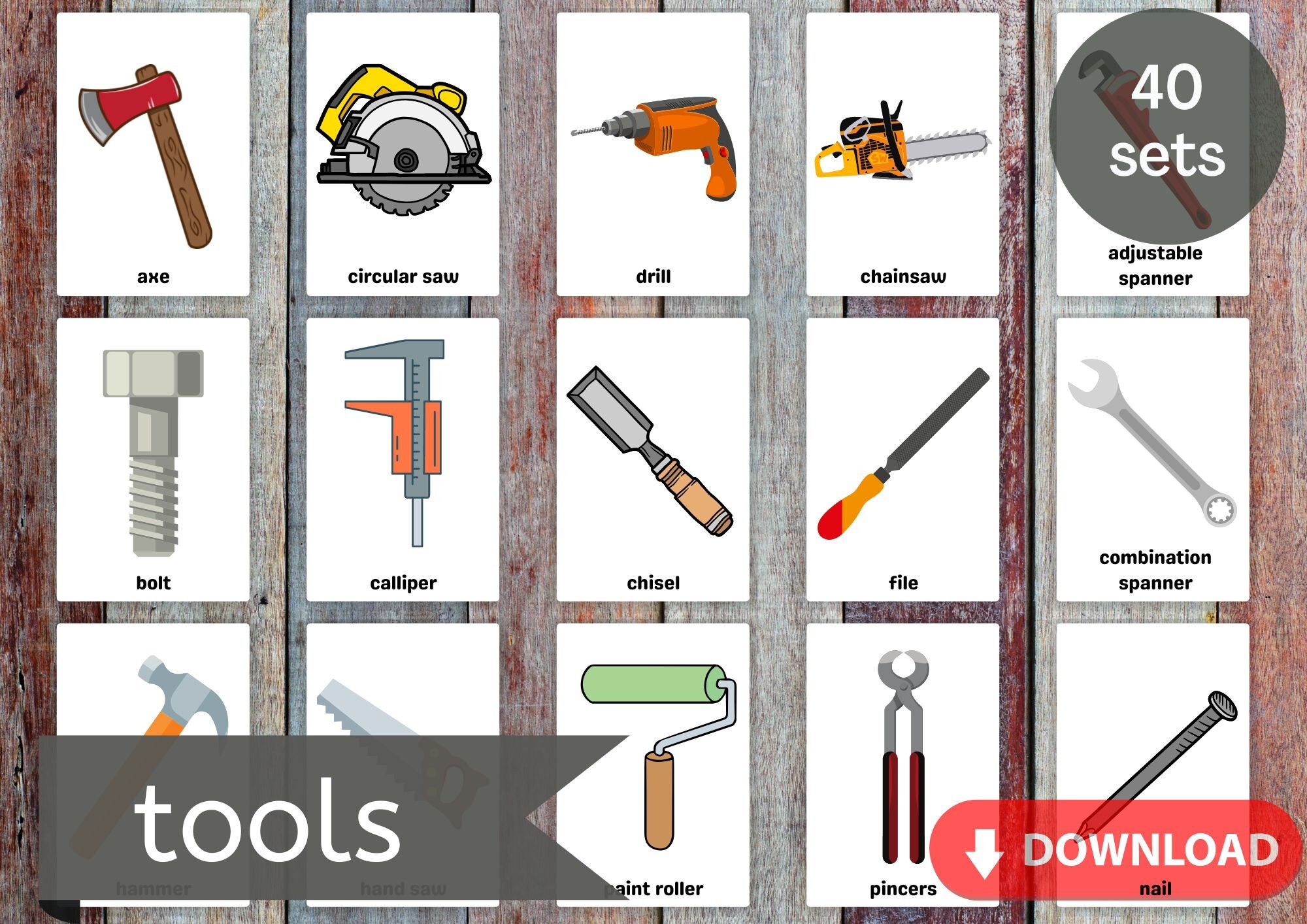 Printable Tools Flashcards set of 40 Montessori Flash Cards ...