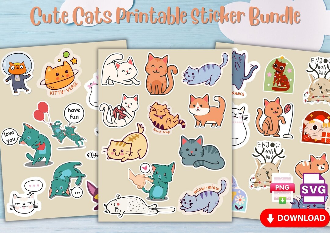 Printable Cute Cats Stickers, SVG PNG Animals Sticker Bundle for ...