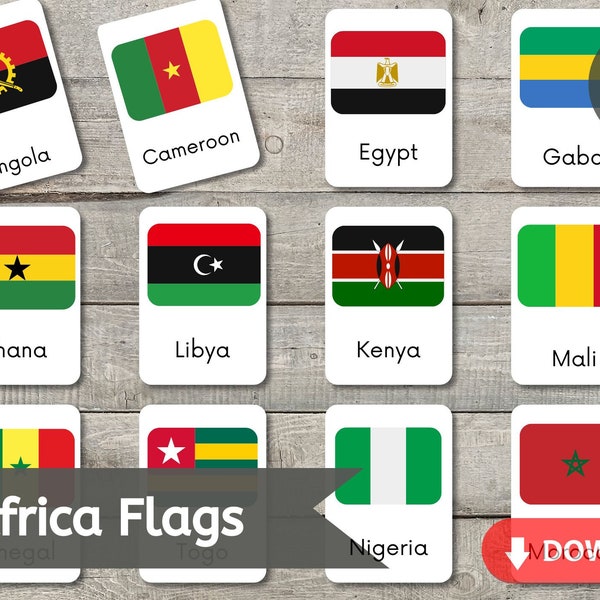 Printable Africa Flags Flashcards 54 Countries Nomenclature Montessori Card Homeschool Learning Educational Preschool Kids Teacher resources