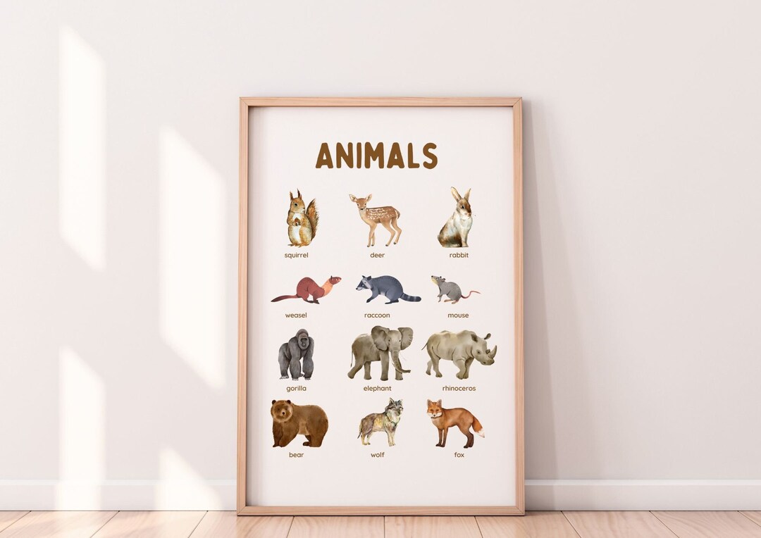 Printable Animals Poster Watercolor Classroom Decor Montessori Material Homeschool Educational