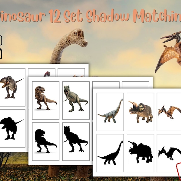 Dinosaurier Schatten Passende druckbare Montessori Karteikarten Digitaler Download Lernaktivität für Kinder Kleinkind Lehrer Ressourcen