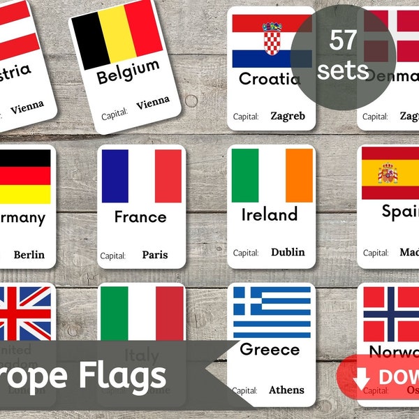 Printable Europe Flags Flashcard 57 European Countries Capital Montessori Cards PDF Digital Download Nomenclature Kids Educational Learning