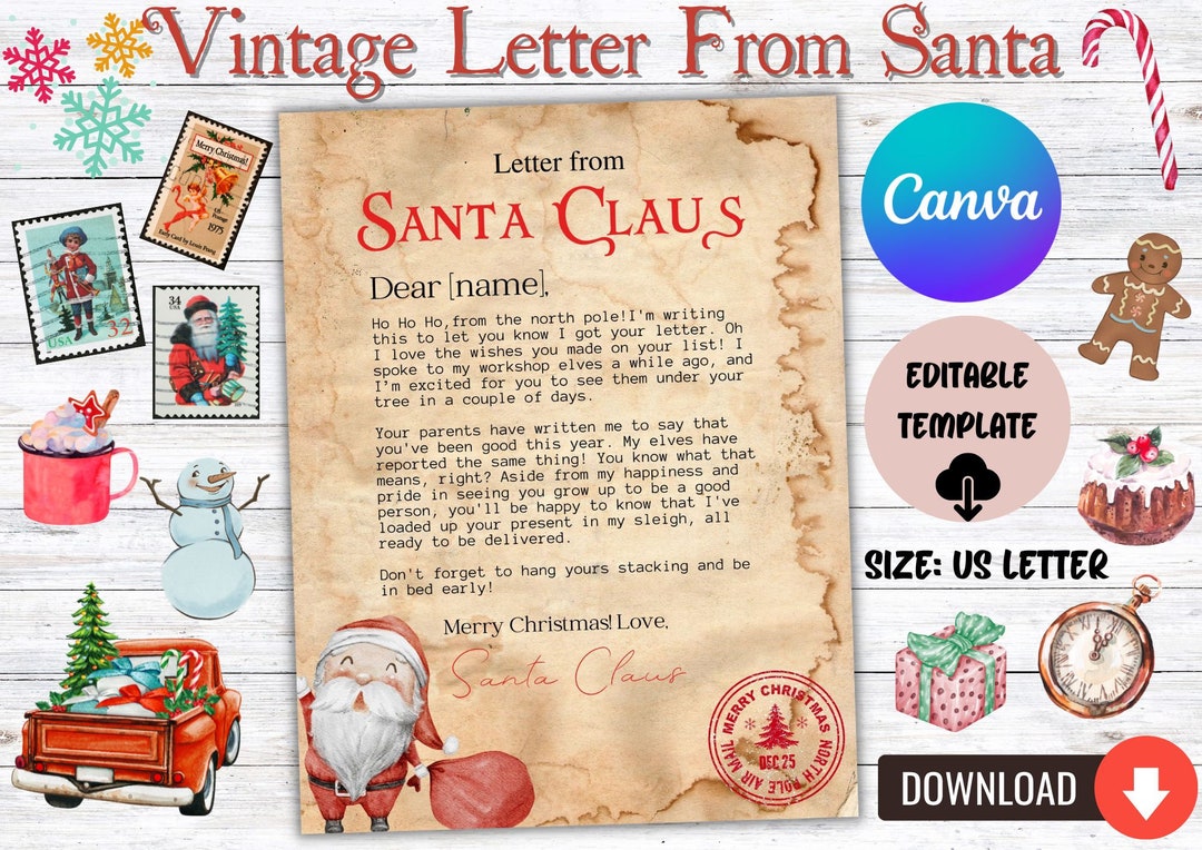 Vintage Letter From Santa Personalised EDITABLE Canva Template Santa ...