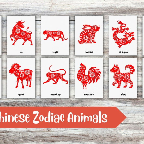 Chinese Zodiac Animals Flashcard Printable Montessori Material Nomenclature Cards, New Year, Lunar, Educational Learning Teacher Homeschool