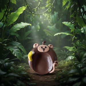 May include: A whimsical, round, brown monkey figurine with a tan face, ears, and tail. The monkey holds a yellow banana. The background is a lush green jungle scene with large leaves and vines.