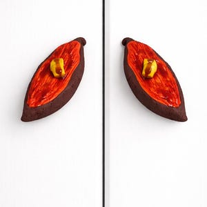 May include: Two cabinet door pulls. Each pull is shaped like a stylized, elongated leaf. The leaves are dark brown with a vibrant red interior and a small yellow accent. The pulls are mounted on a white cabinet door.