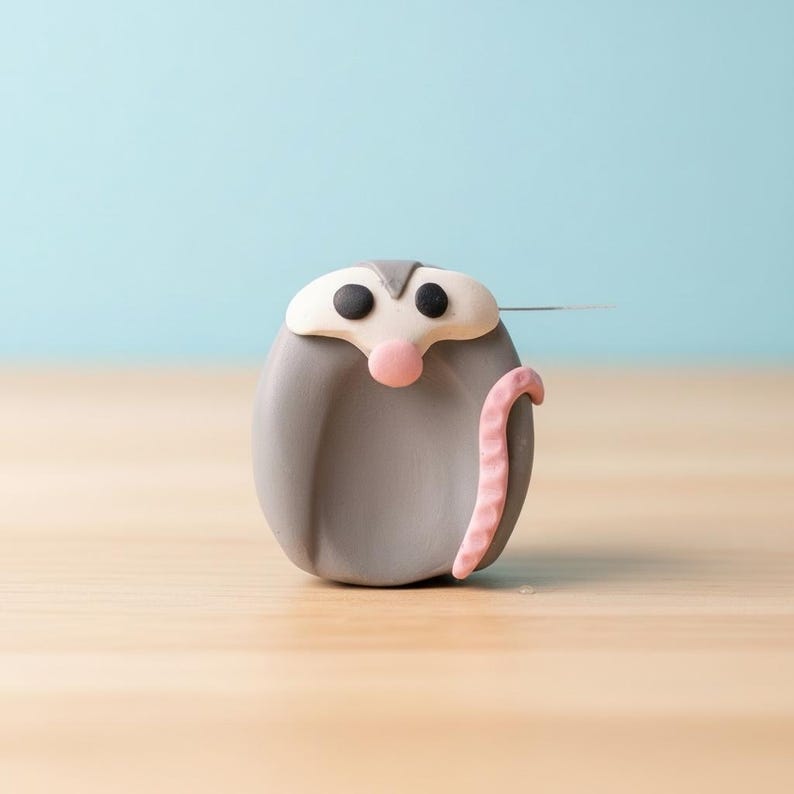 Pu&ograve; includere: Figurina di opossum grigia e arrotondata con naso e coda rosa, occhi neri e testa bianca. L'opossum &egrave; ambientato su uno sfondo azzurro e poggia su una superficie di legno.