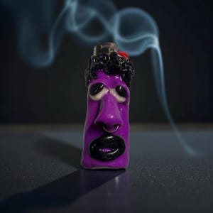 May include: A purple lighter with a face design. The lighter has black hair, eyes, and lips, a nose ring, and a red accent. The lighter is on a dark surface with a wisp of smoke in the background.