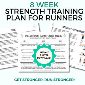 Może przedstawiać: Drukowany 8-tygodniowy plan treningu siłowego dla biegaczy. Dokument zawiera często zadawane pytania, schematy ćwiczeń i szczegółowy harmonogram treningów. Tekst jest w kolorze czarnym i niebiesko-zielonym, ze słowami "Natychmiastowe pobieranie cyfrowe!" w niebiesko-zielonej gwieździe.