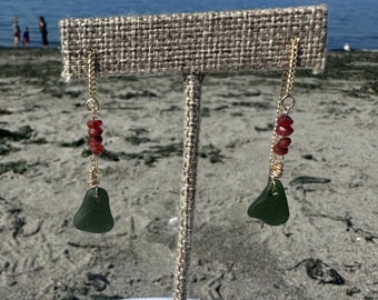 Authentic sea glass threader earrings gold filled olive green sea glass jewelry carnelian gemstone perfect fall earring holiday jewelry gift