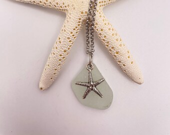 30 in Seafoam sea glass necklace, Silver starfish necklace, Sea star necklace, statement necklace, ocean jewelry, beach glass necklace, PNW