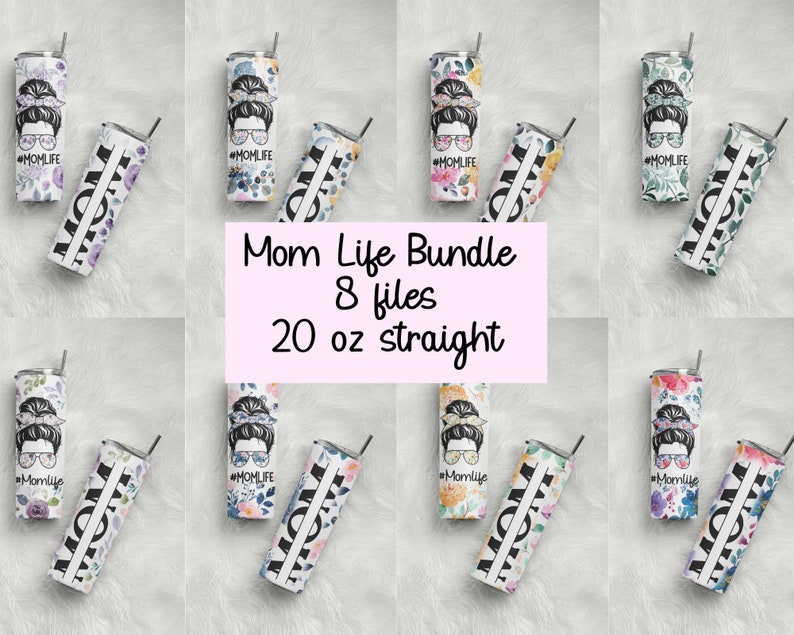 Mom Life Tumbler PNG, Mom Bun Hair Seamless Sublimation Designs Downloads Skinny Tumbler 20oz Design bundle 2023 16, Floral Mom Tumbler image 1