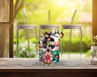 Libbey PNG, Cute Baby cow Libbey Png, 16oz Libbey Glass Can Design,Floral Cow Sublimation designs, Libbey Cup PNG, 16oz Tumbler PNG