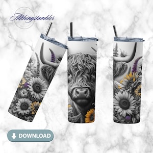 Western Sunflower Tumbler Design, Cowgirl Highland Cow Seamless Country Sublimation Designs Downloads Cowhide Tumbler - Skinny 20oz - PNG