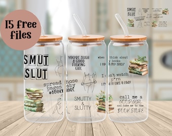 16oz Glass Can Smut Slut, Book lover 16oz glass can png design for sublimation