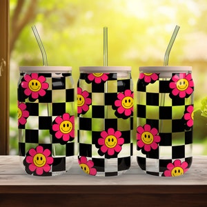 Retro Daisys - SEAMLESS - 16 oz Libbey Glass Can Tumbler Sublimation Design - Design Digital Download PNG