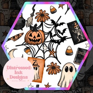 Wzór z duchami i dyniami na Halloween w formacie PNG | Uroczy, upiorny papier cyfrowy | Tło z grafiką Halloween | Projekt sublimacji