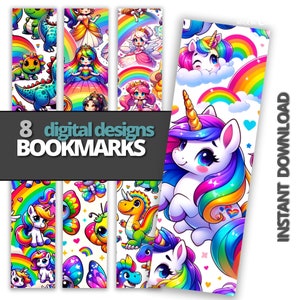 May include: Eight digital bookmark designs featuring colourful unicorns, rainbows, butterflies, and dinosaurs. The bookmarks are perfect for kids and adults who love fantasy and magical creatures.