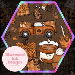 May include: A seamless digital design with autumn illustrations. The design includes an orange truck carrying pumpkins, a butterfly, a candle with the word "Fall", and other autumnal elements. The design is framed by a hexagon.