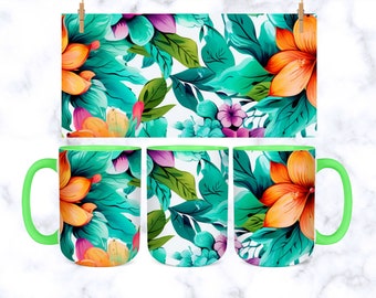 15 Oz Watercolor floral Mug Png Sublimation Designs Butterfly Pastel Colorful Flower Floral coffee Mug File Digital Download, Coffee Mug PNG