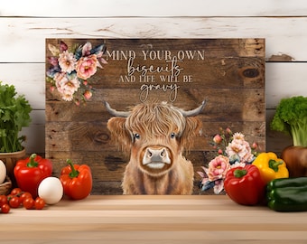 Mind Your Own Biscuits Cutting Board Design Download, watercolour Highland  Cow Glass Cutting Board PNG Printable Digital File
