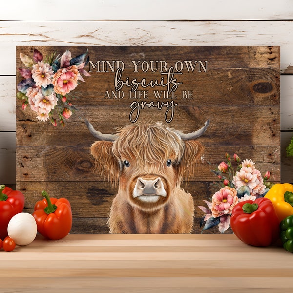 Mind Your Own Biscuits Cutting Board Design Download, watercolour Highland  Cow Glass Cutting Board PNG Printable Digital File