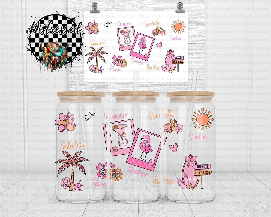 16oz Glass Can Wrap PNG | Cute Pink Summer Drink Wrap | Iced Coffee Cup ...
