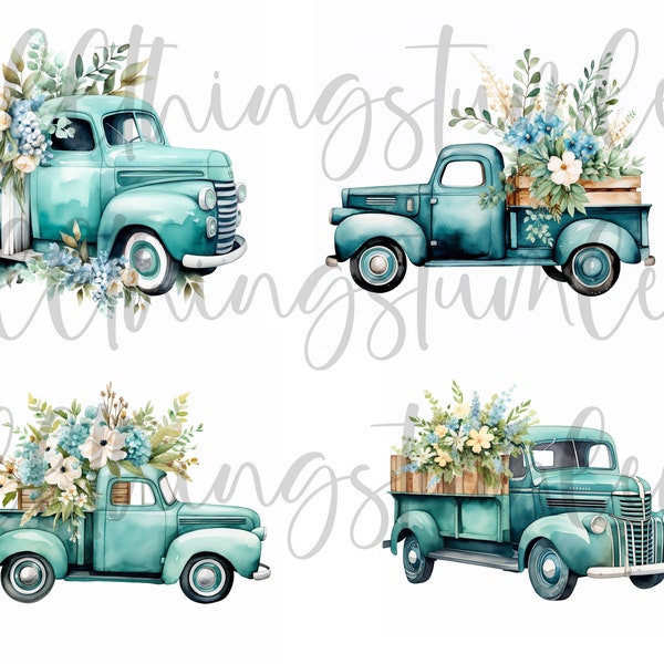 16 Vintage Flower Truck PNG, Retro  Truck Clipart, Spring Watercolor Clip Art, Bundle for Commercial use or card making, Sublimation