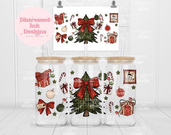 Christmas Libbey Glass Wrap PNG | 16oz Glass Can Sublimation | Coquette Christmas Tree UV DTF Wrap | Holiday Bow Cup Design | Digital Png