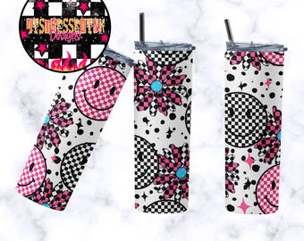Retro Daisy Smile face 20 oz Skinny Tumbler PNG Sublimation Design Digital Download- Teal Retro Daisy Tumbler PNG Seamless Design