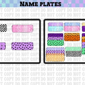 May include: Rectangular name plates with various patterns, including checkered, pink with glitter, purple with stars, and purple with moons and stars. Other plates feature stars, moons, and checkered patterns.