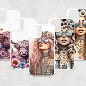 5 modèles de sublimation pour sublimation coque de téléphone, lot d'étuis de téléphone pour fille hippie, iPhone, Samsung, taille unique, PNG