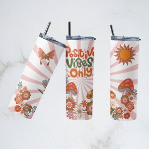 Retro Positive Vibes Tumbler Wrap, 20oz Skinny Tumbler Sublimation Designs Tumbler PNG File Digital Download