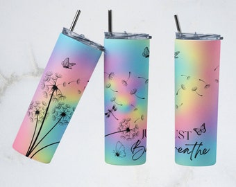 20oz Skinny Tumbler Just Breathe Modelos de Design de Sublimação, Inspirational Butterfly Tumbler Straight PNG Download Digital