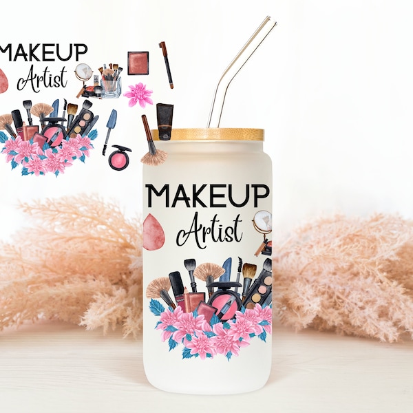 Makeup artist Libbey Glass Can 16oz Coffee Wrap - PNG Glass Sublimation - Rose Gold Makeup