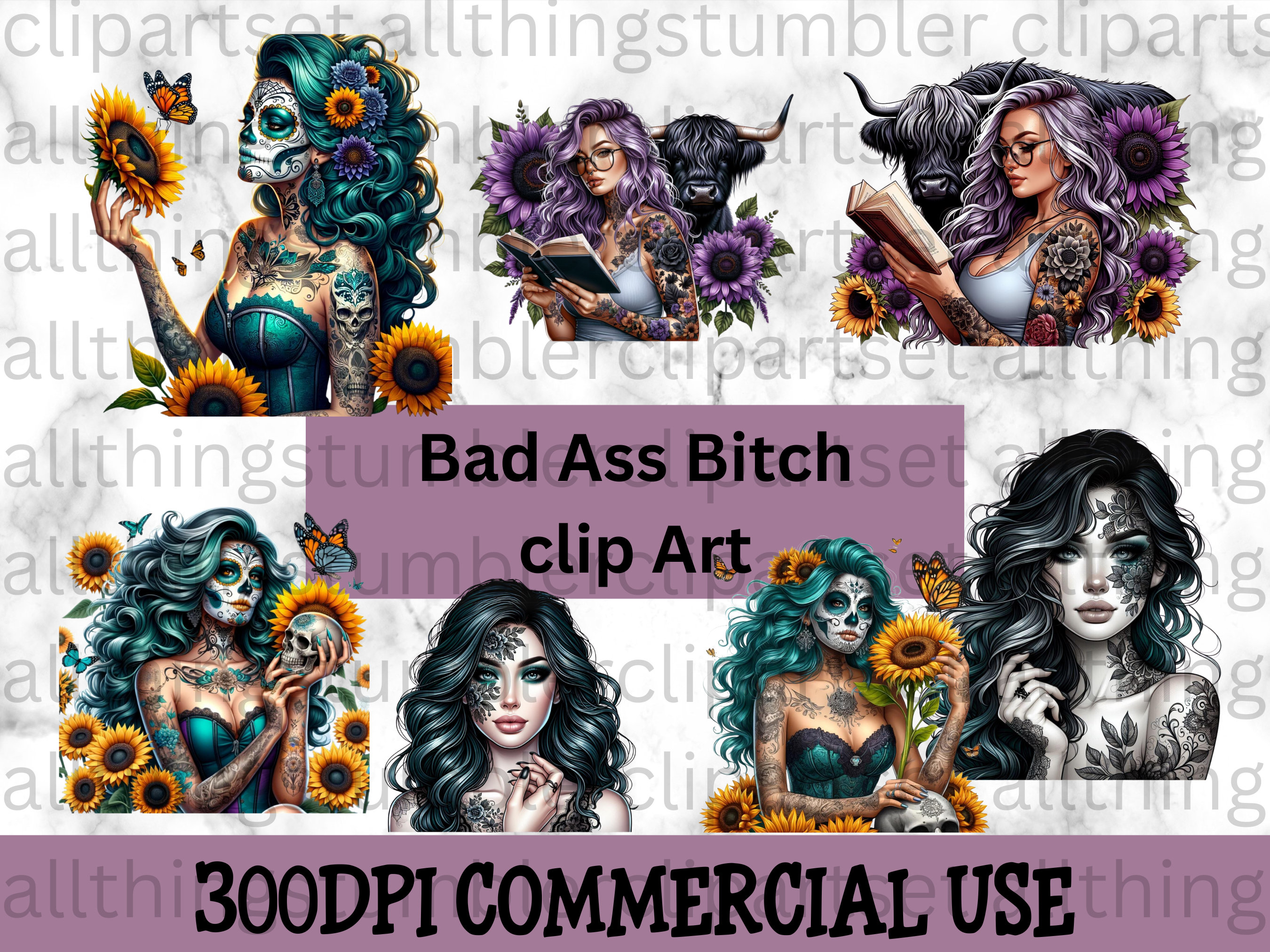 Bad Ass Bitch Clip Art, Girl With Tattoos Art, Commercial Use Clip art, Create Your Own Designs, Sublimation, Personalize Your Designs